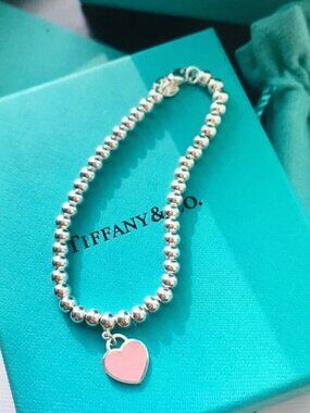 Tiffany & Co. Pink Heart Silver Beaded Bracelet